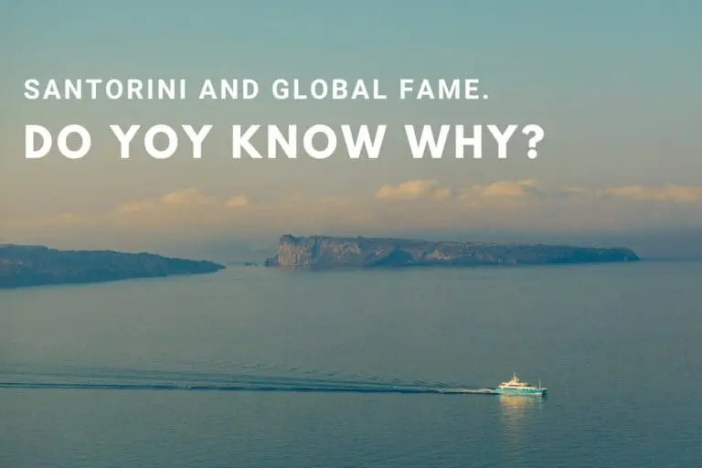 A serene view of the sea with a ferry cruising in the distance and cliffs under a clear sky, accompanied by the text 'Santorini and Global Fame. Do You Know Why?