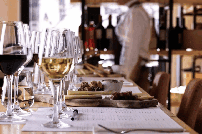 Wine glasses filled with red and white wine, along with a wooden board of cheese and snacks, are arranged on tasting sheets at an Athens wine tasting.