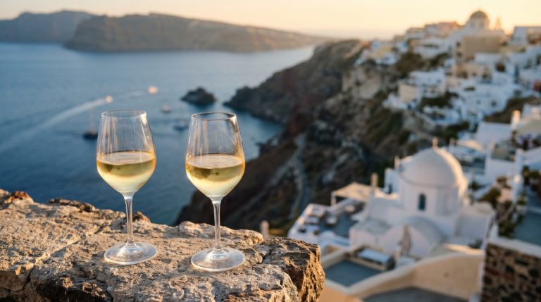 Two glasses of Santorini Assyrtiko wine on a stone ledge overlooking the caldera at sunset on a wine tour