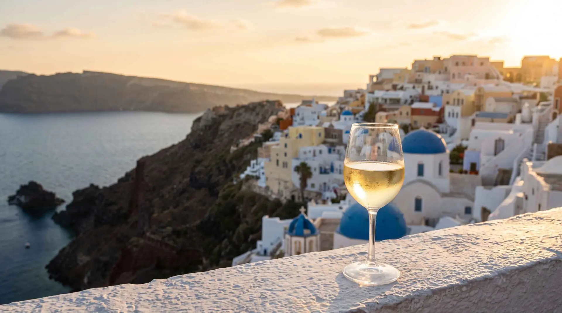 A glass of chilled white Assyrtiko Santorini wine on a whitewashed ledge overlooking Oia's blue-domed churches and the caldera at sunset.