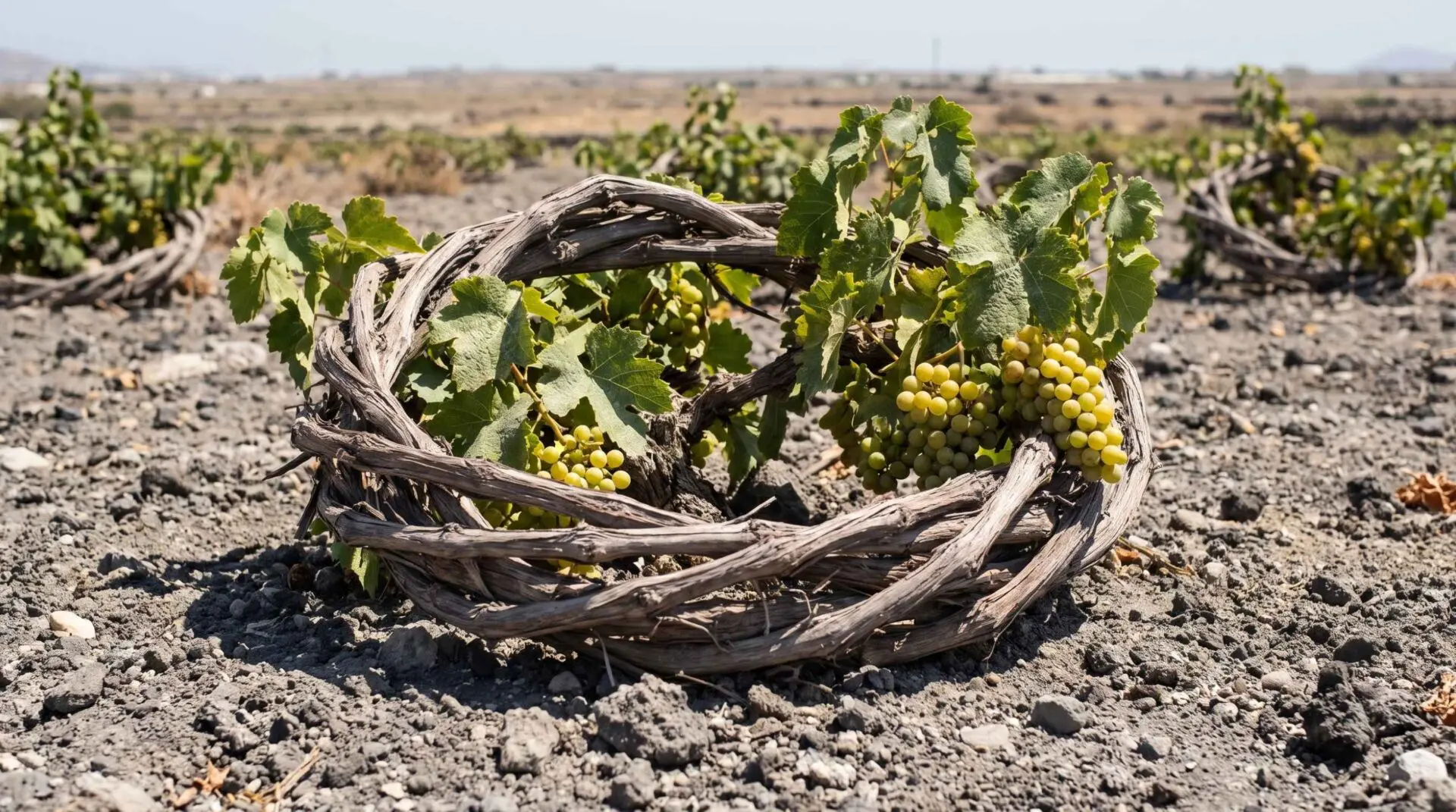 A traditional Santorini kouloura basket-trained vine with green Assyrtiko grapes growing low on grey volcanic soil.
