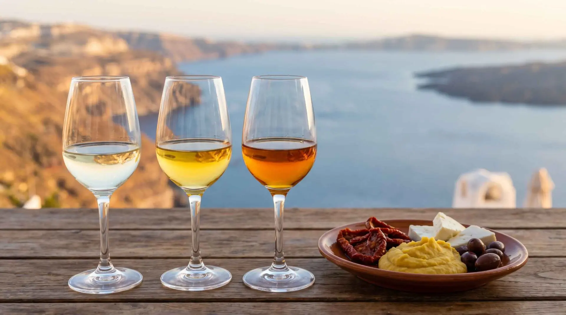 A Santorini wine flight of dry Assyrtiko, golden Nykteri and amber Vinsanto beside a plate of Greek mezze, above the caldera at sunset.