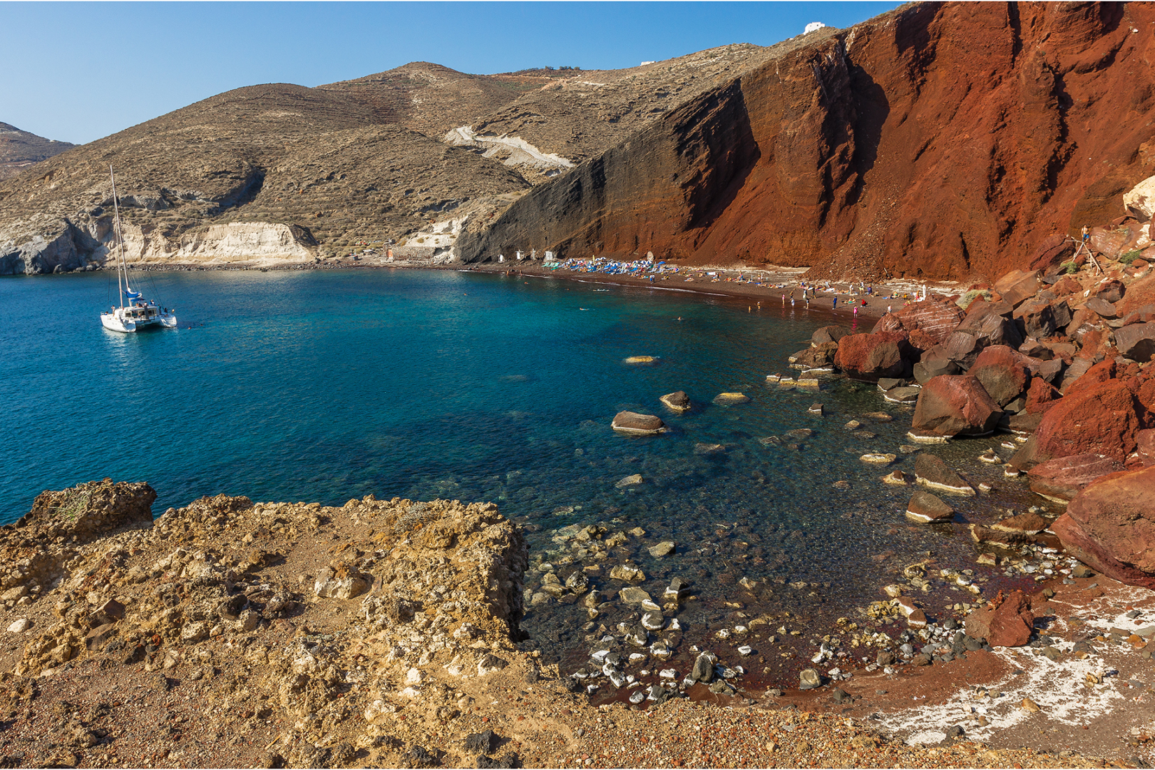 Red Beach Santorini | Volcanic Coastline on the Private Island Highlights Tour Red Beach Santorini volcanic cliffs and turquoise sea — private island tour stop