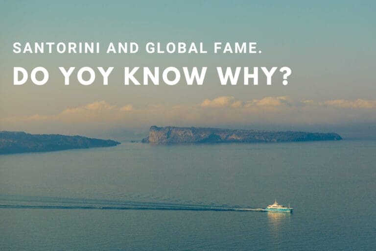A serene view of the sea with a ferry cruising in the distance and cliffs under a clear sky, accompanied by the text 'Santorini and Global Fame. Do You Know Why?