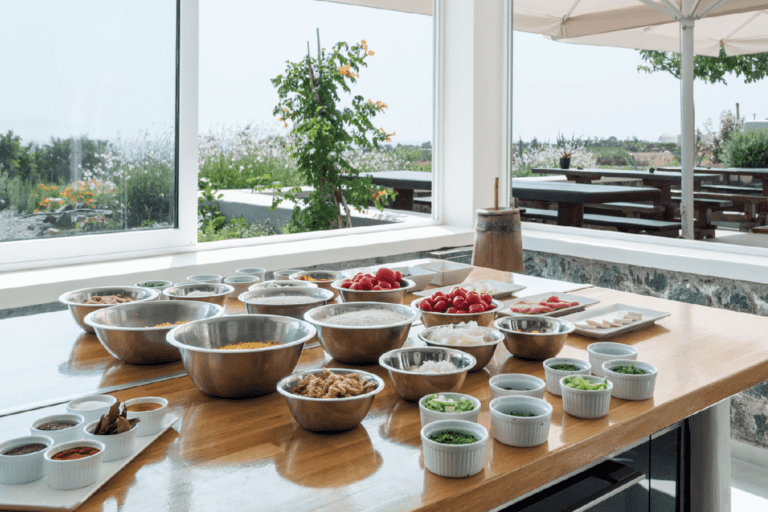 Ingredients for a cooking class are arranged on a wooden counter, ready to be used.