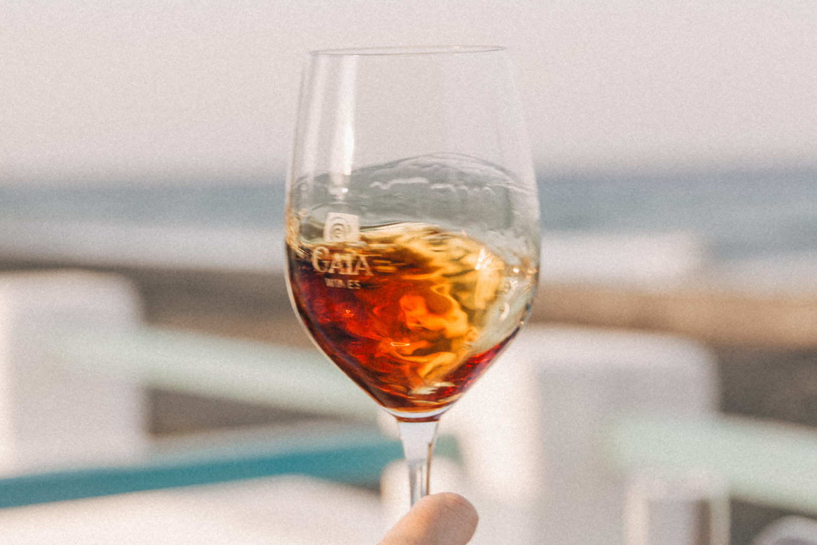 Gaia Wines Tasting — Santorini Daytime Wine Tour Close-up of a Gaia Wines branded glass held up to the light showing a rich amber-red wine swirling, with a blurred sea view in the background