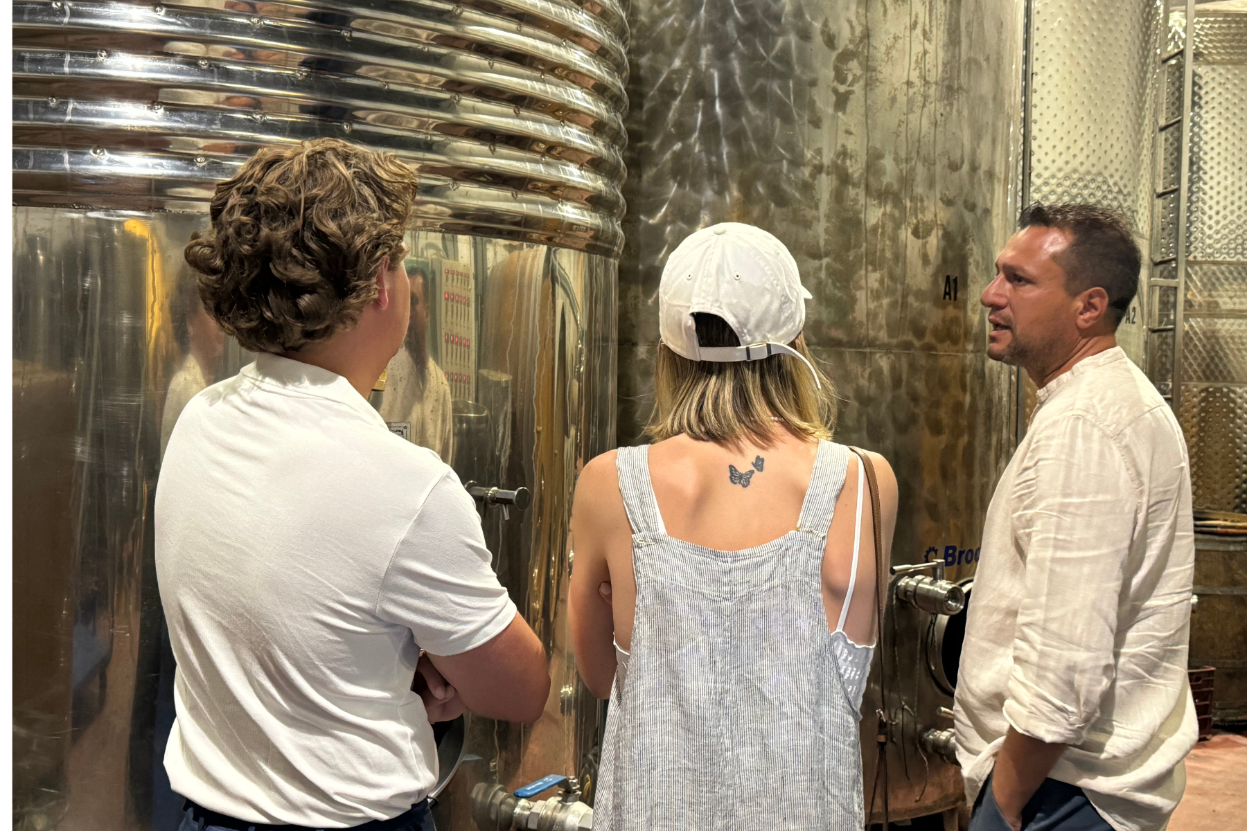 Santorini Private Wine Tour Two people on a Santorini wine tour, listening to a guide in a winery.