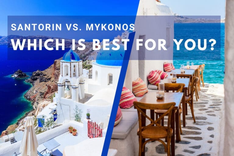 A split image comparing Santorini and Mykonos, two Greek islands. One side shows whitewashed buildings and a stunning ocean view, the other shows a seaside cafe.