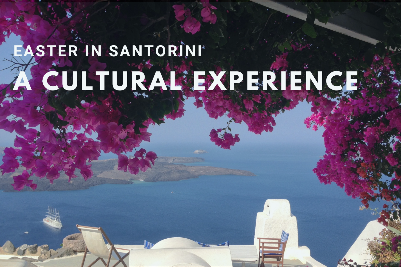 Vibrant pink bougainvillea flowers frame a stunning view of the Aegean Sea and Santorini's caldera from a whitewashed patio. A sailboat is visible on the horizon.