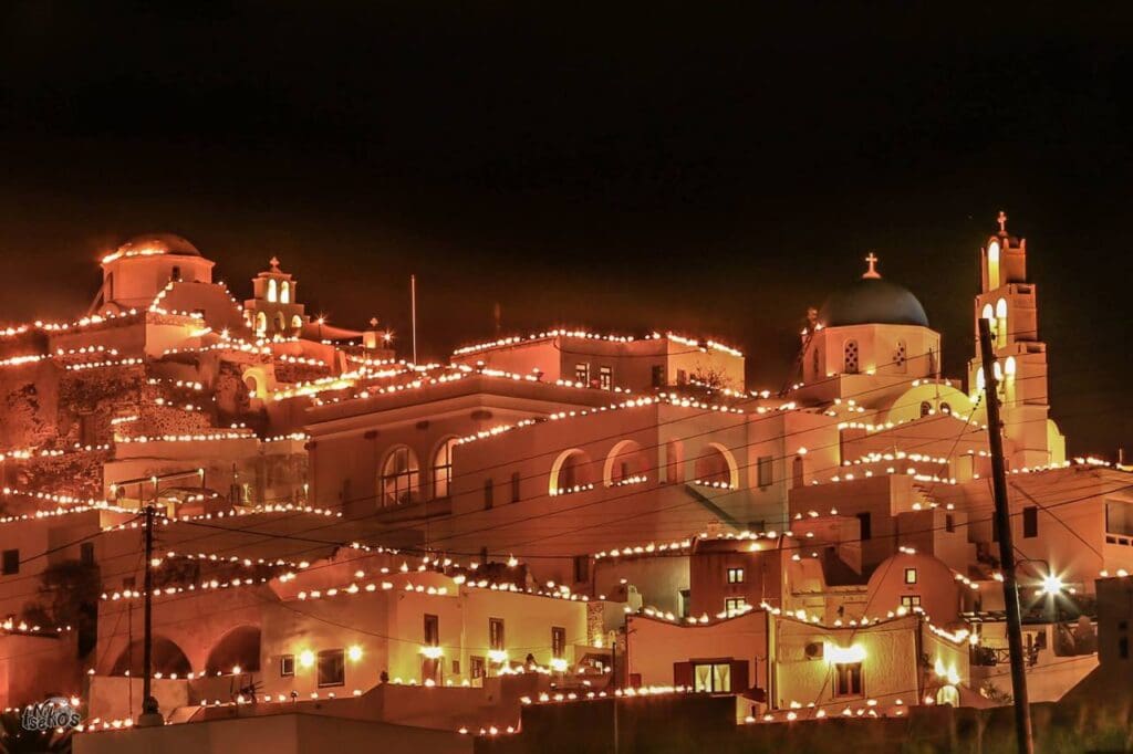 Pyrgos Kallistis, Santorini, illuminated with candles on Good Friday.