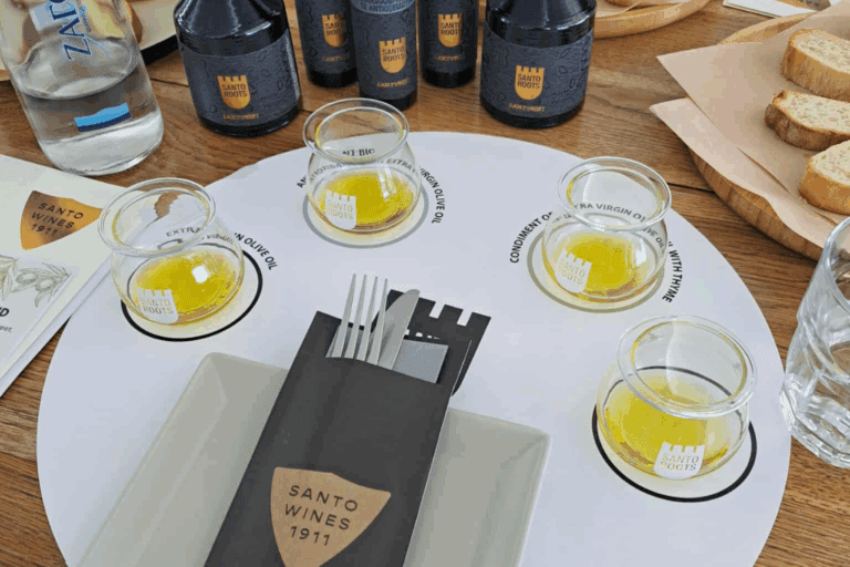 Olive oil tasting setup with small glass bowls of oil, bread, water, and bottles labeled Santo Roots.