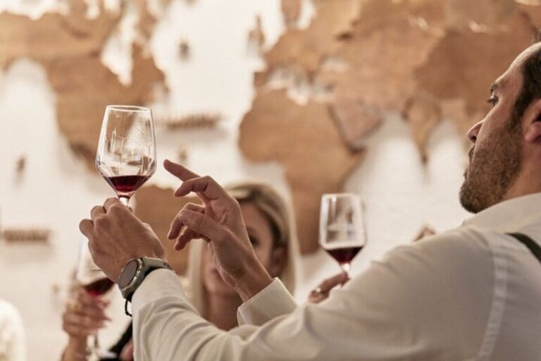 A person holds up a glass of red wine with a partial view of another person in the background, set against a wooden world map.