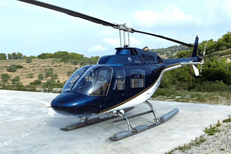 Helicopter flying over Santorini during a scenic transfer to Anafi, Greece.