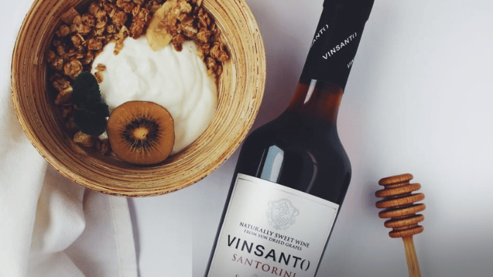 Santorini Vinsanto sweet wine paired with yogurt, granola and fresh fruit.