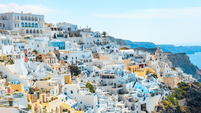 Fira town in Santorini with whitewashed houses on the caldera cliffs.