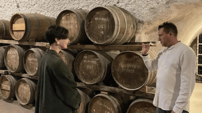 Santorini winery visit with wine tasting, vineyard views, and local wine culture experience inside a traditional Santorini barrel cellar with Wineland Tours sommelier