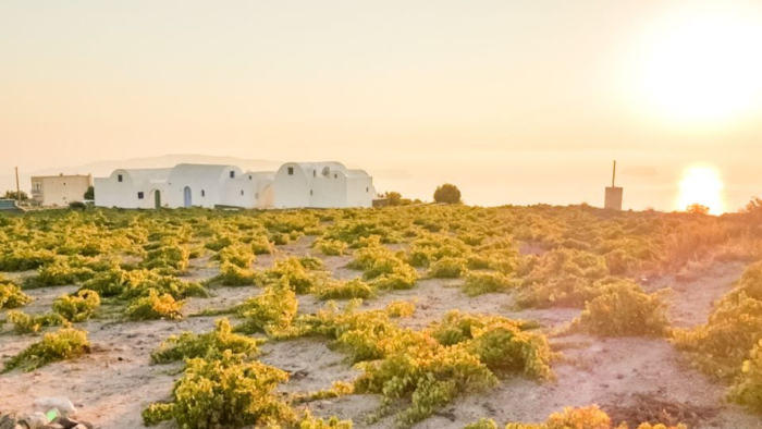 Archaeological ruins of Ancient Akrotiri in Santorini, with preserved structures, pottery vessels, and walkways inside the excavation site
