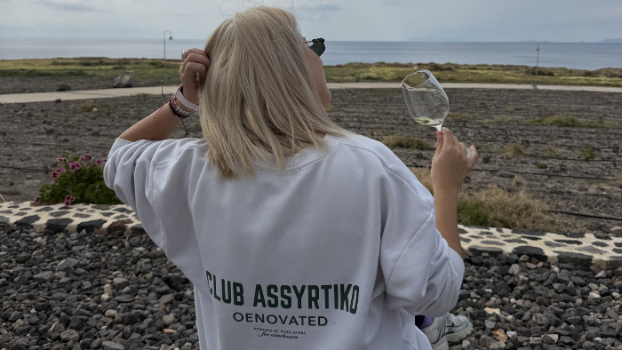 Assyrtiko wine tasting overlooking Santorini vineyards and volcanic landscape