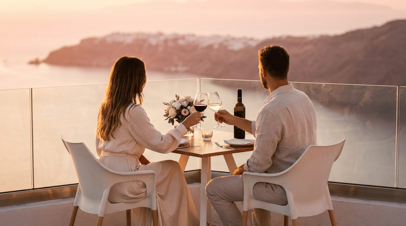 Couple toasting wine glasses on a private Santorini winery terrace as the sun sets behind them over the caldera