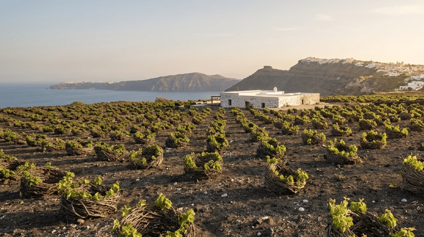 Terraced volcanic vineyard in Santorini with twisted basket-shaped vines under soft afternoon light, caldera visible in the distance