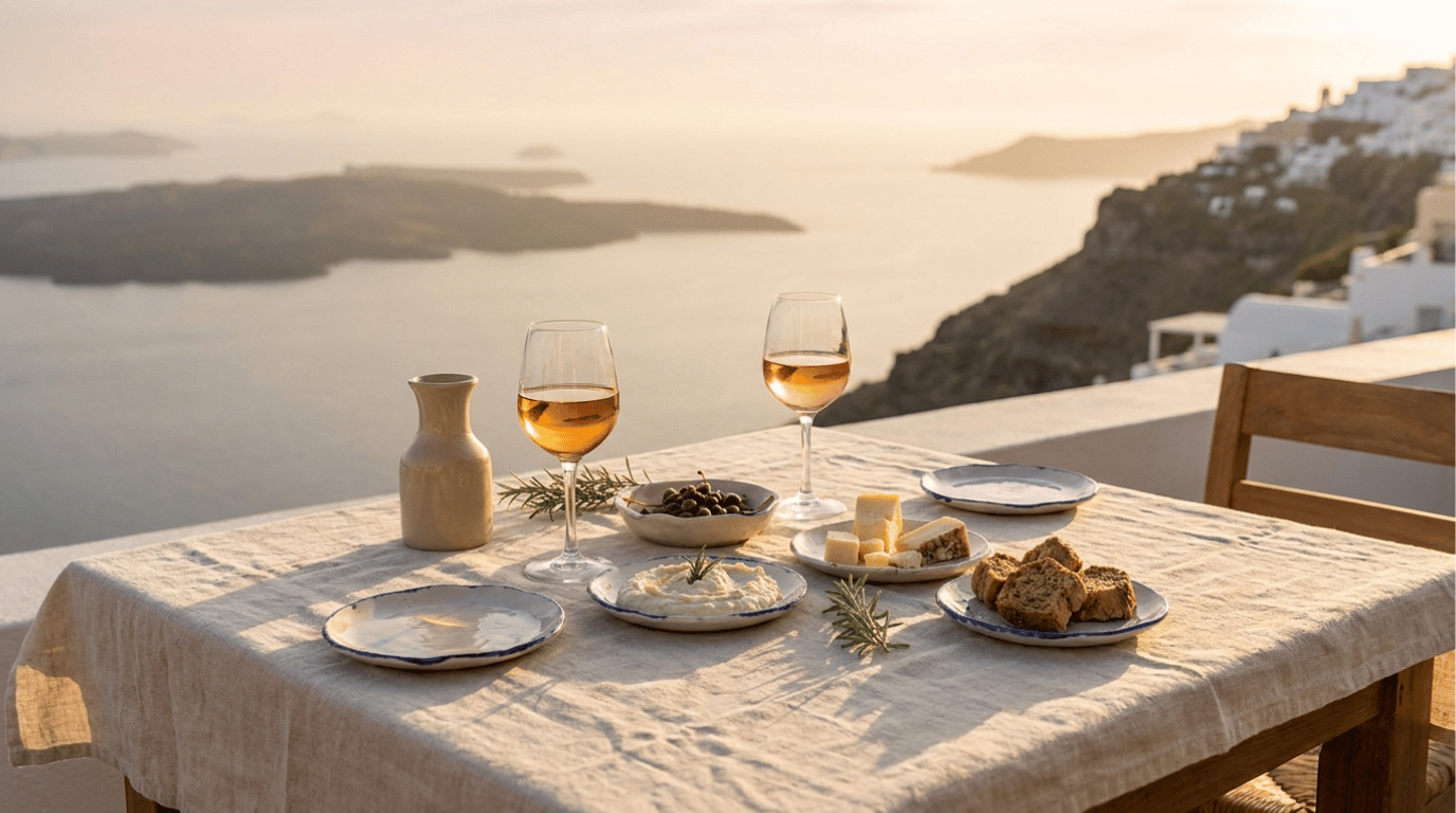 Private cliffside table set with two wine glasses and small Greek meze plates overlooking the Santorini caldera at golden hour