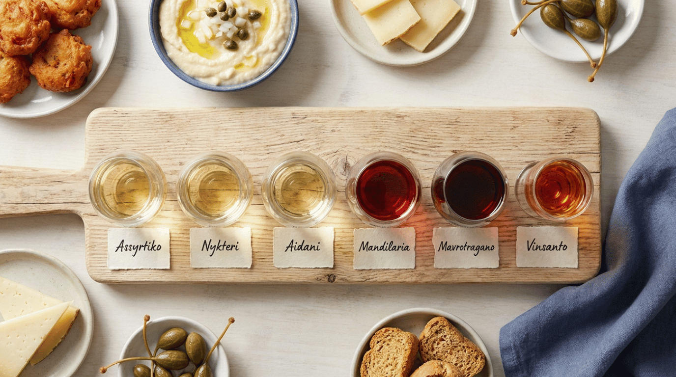 Flight of six Santorini wines lined up in tasting glasses with handwritten varietal names, set beside small Cycladic food pairings on a wooden tasting board