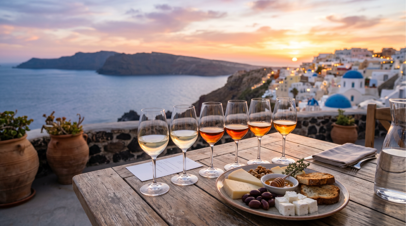 Sunset wine tasting table on a Santorini winery terrace with Vinsanto, cheese, and caldera view