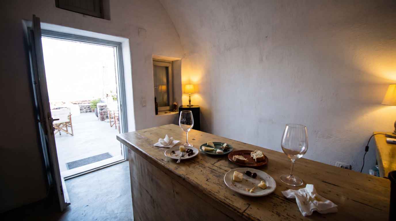 Whitewashed cave-style tasting room with wine glasses and a plate of local cheese and olives
