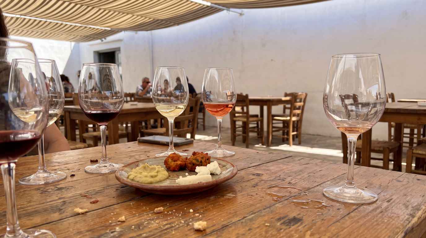 A flight of red, white and rosé Santorini wines served with meze on a shaded terrace