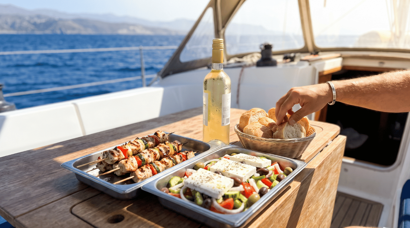 Greek BBQ meal served on board a Santorini catamaran cruise, with souvlaki, Greek salad and local white wine