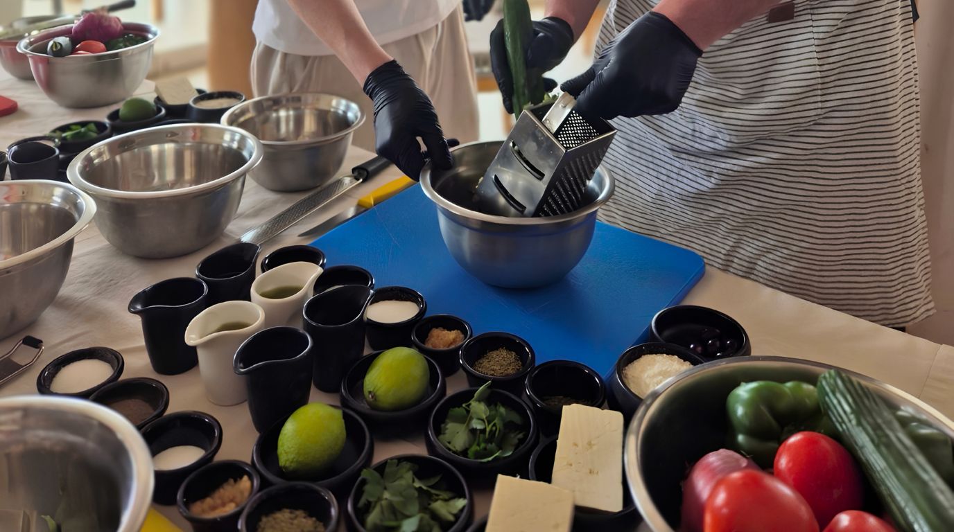 Hands grating fresh vegetables beside prep bowls of olive oil, herbs, feta and Santorini peppers, tomatoes and cucumber