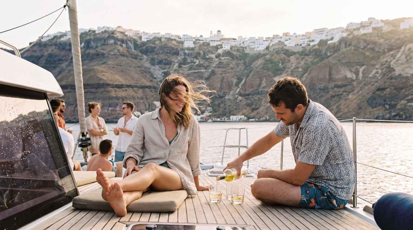 couple sipping wine during a catamaran experience in santorini