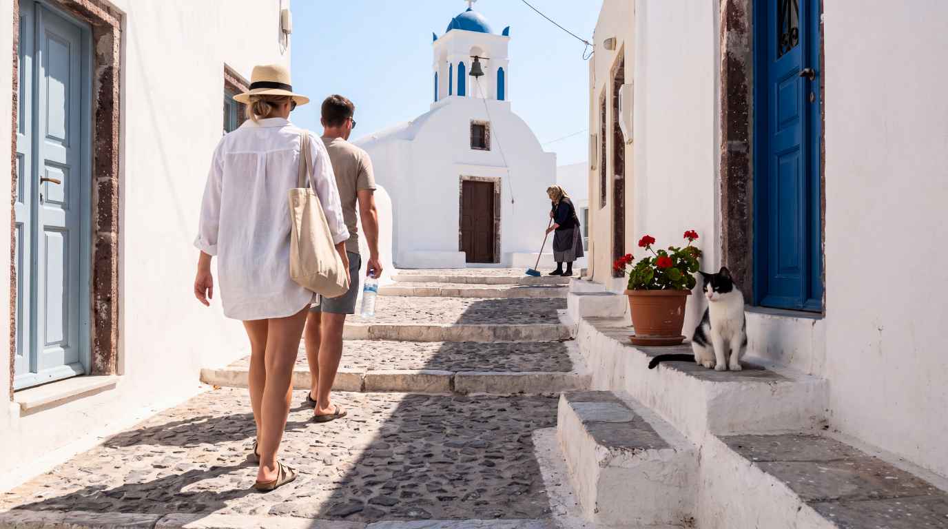 couple taking a honeymoon walk in a santorini village