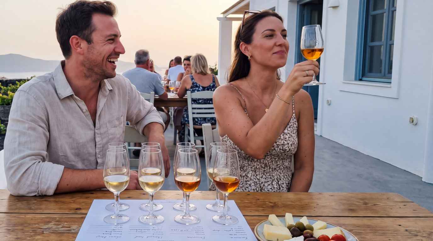 couple trying out santorini wines during a wine tour